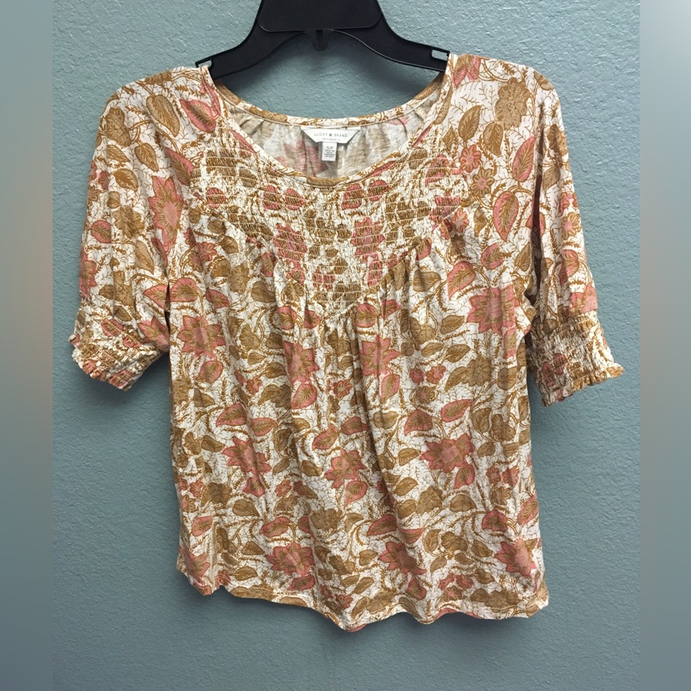 Lucky Brand Women's Size Small Smocked Brown Pink Fall Floral Print Peasant Top